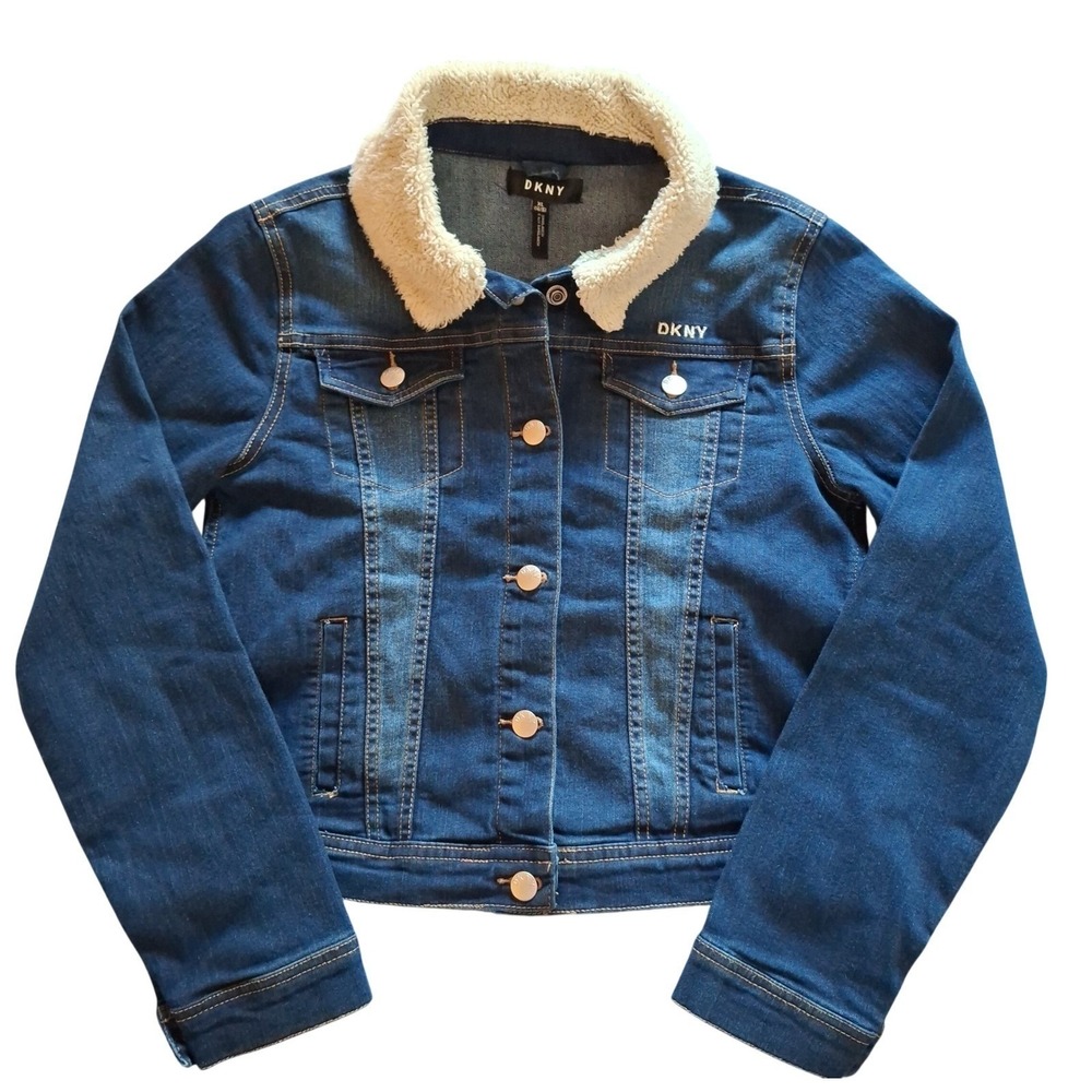DKNY Denim Jacket Kids XL 12-14 Blue Faux Shearling Collar Jeans Coat‎ Excellent